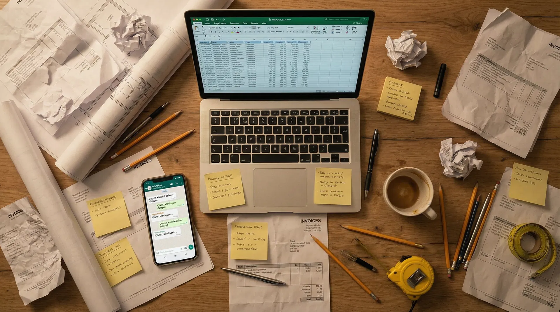 Chaotischer Schreibtisch mit Rechnungen, Excel und WhatsApp