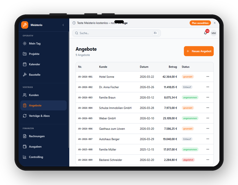 Admin Dashboard – Angebote auf iPad