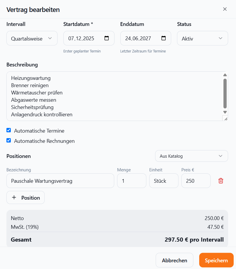 Meisterio Wartungsvertrag bearbeiten – SHK-Software
