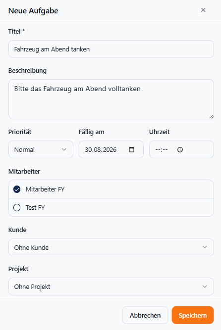 Neue Aufgabe in Meisterio mit Mitarbeiterzuweisung, Priorität und Fälligkeit
