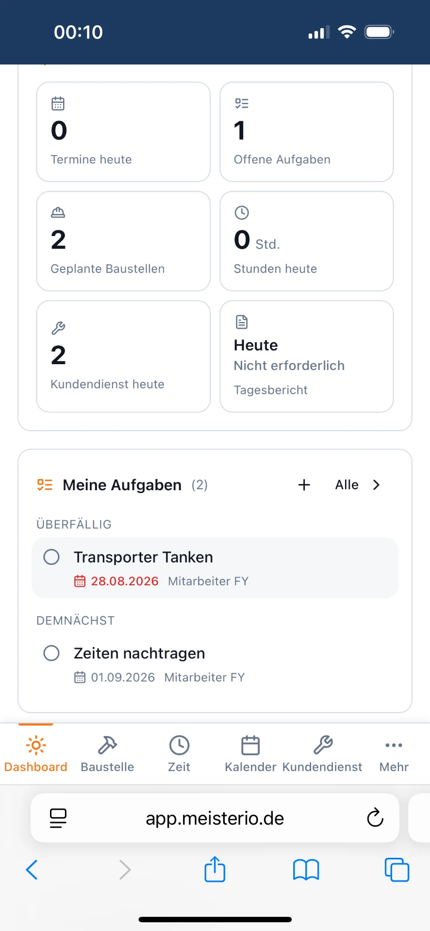 Persönliche Aufgabenansicht für Mitarbeiter in Meisterio auf dem Smartphone
