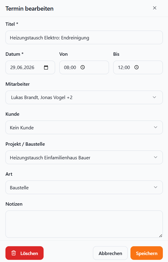 Meisterio Termin bearbeiten – Mitarbeiter, Projekt und Baustelle verknüpfen