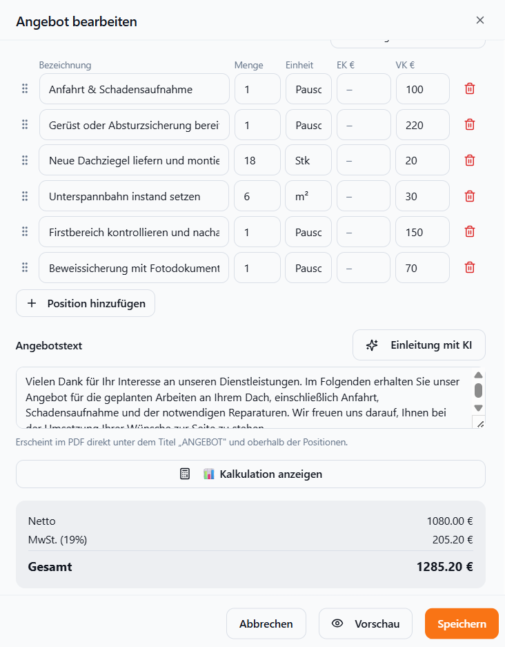 Meisterio Angebot bearbeiten – Dachdecker Software