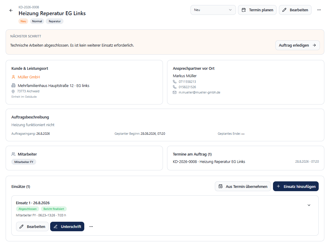 Kundendienstakte in Meisterio mit Status, Leistungsort, Terminen und Einsätzen