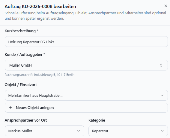 Kundendienstauftrag in Meisterio mit Kunde, Objekt und Leistungsort