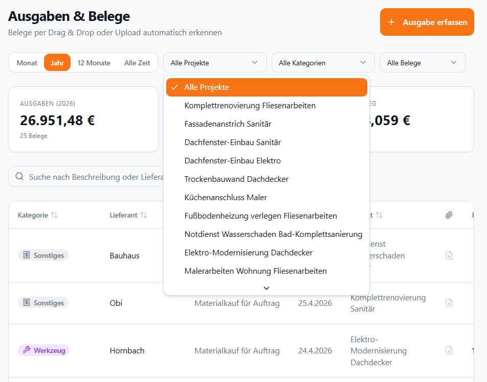 Ausgaben-Filter – Projekt-Dropdown mit allen Baustellen