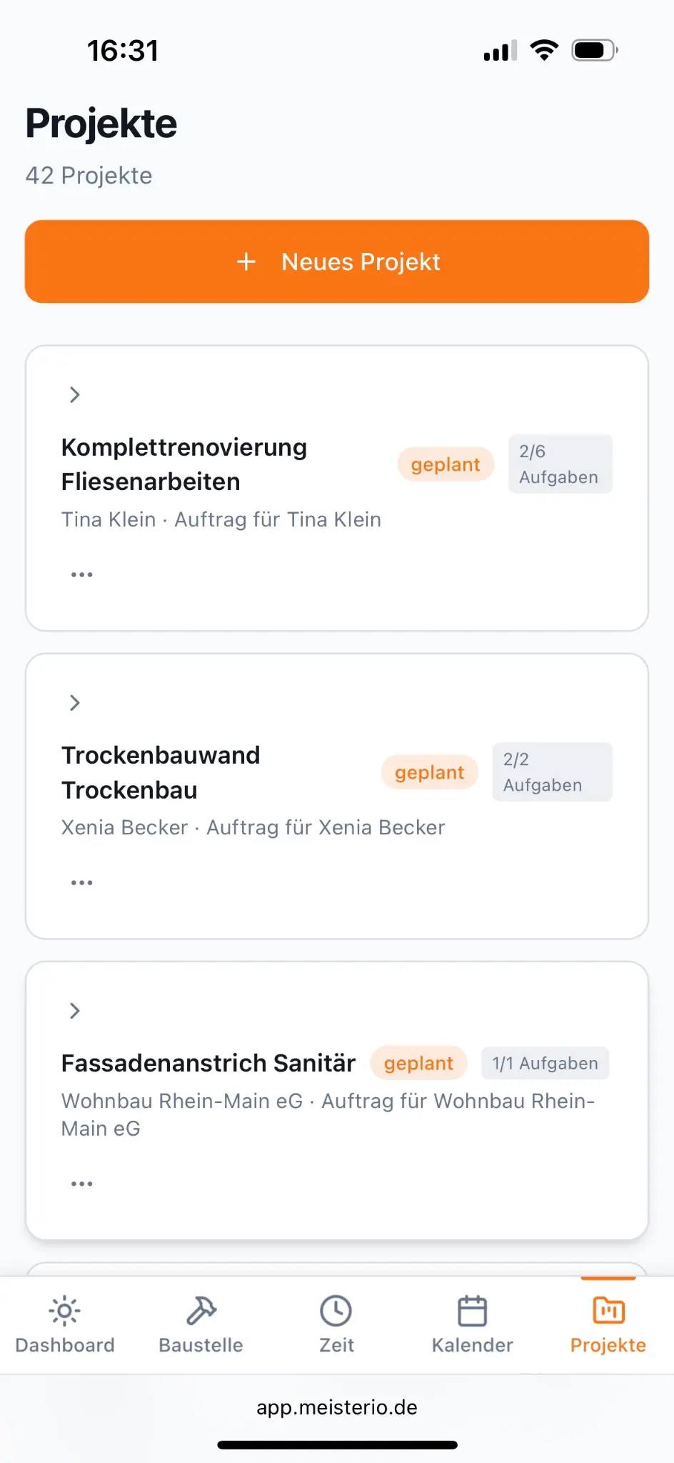 Meisterio App – Projektübersicht mit Projekten und Aufgaben