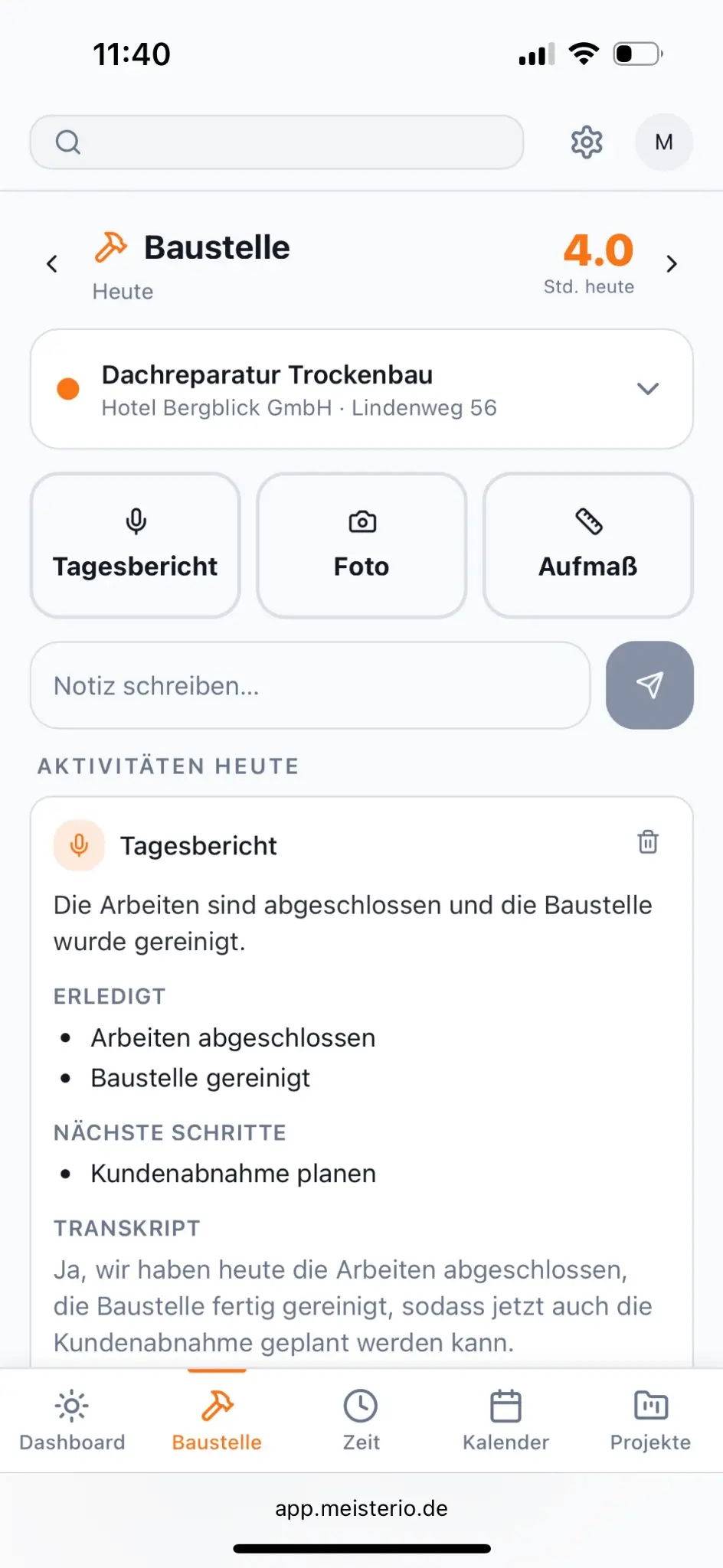 Meisterio Baustellen-App auf dem Smartphone