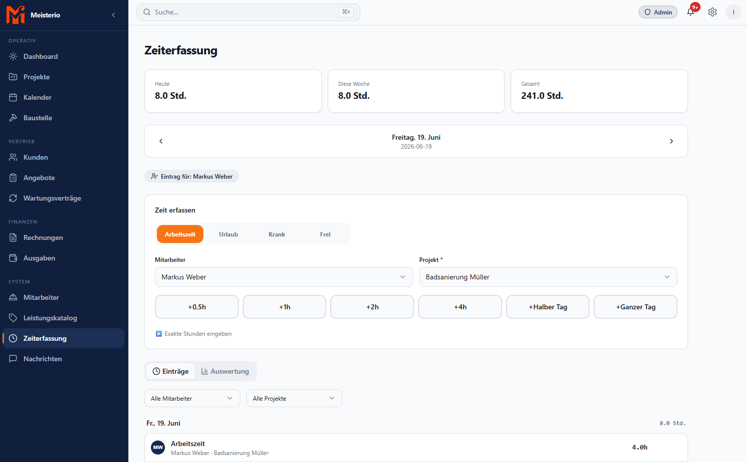 Meisterio Zeiterfassung Screenshot